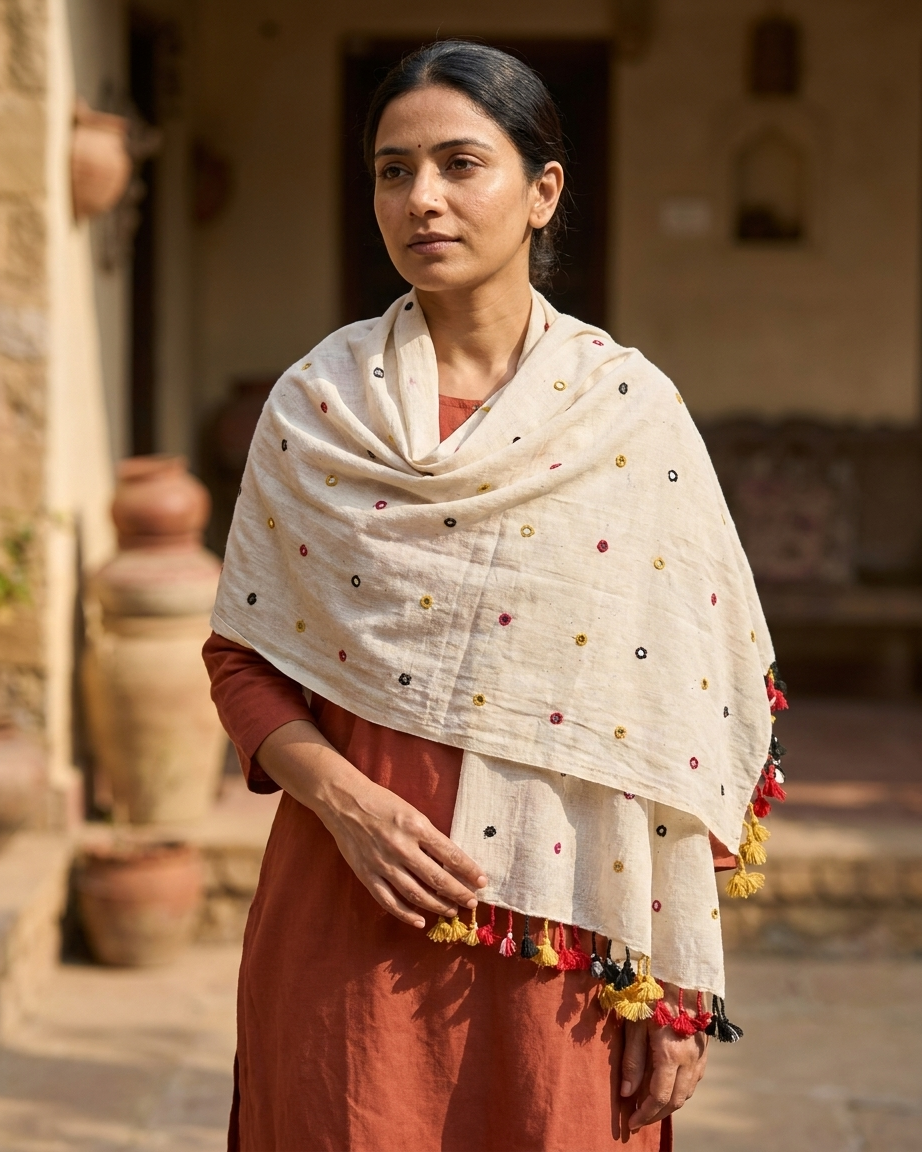Indo-western Contemporary Kala Cotton Stole With Real Mirror Work And Tassels-Off-White