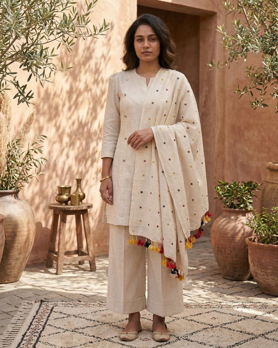 Indo-western Contemporary Kala Cotton Stole With Real Mirror Work And Tassels-Off-White