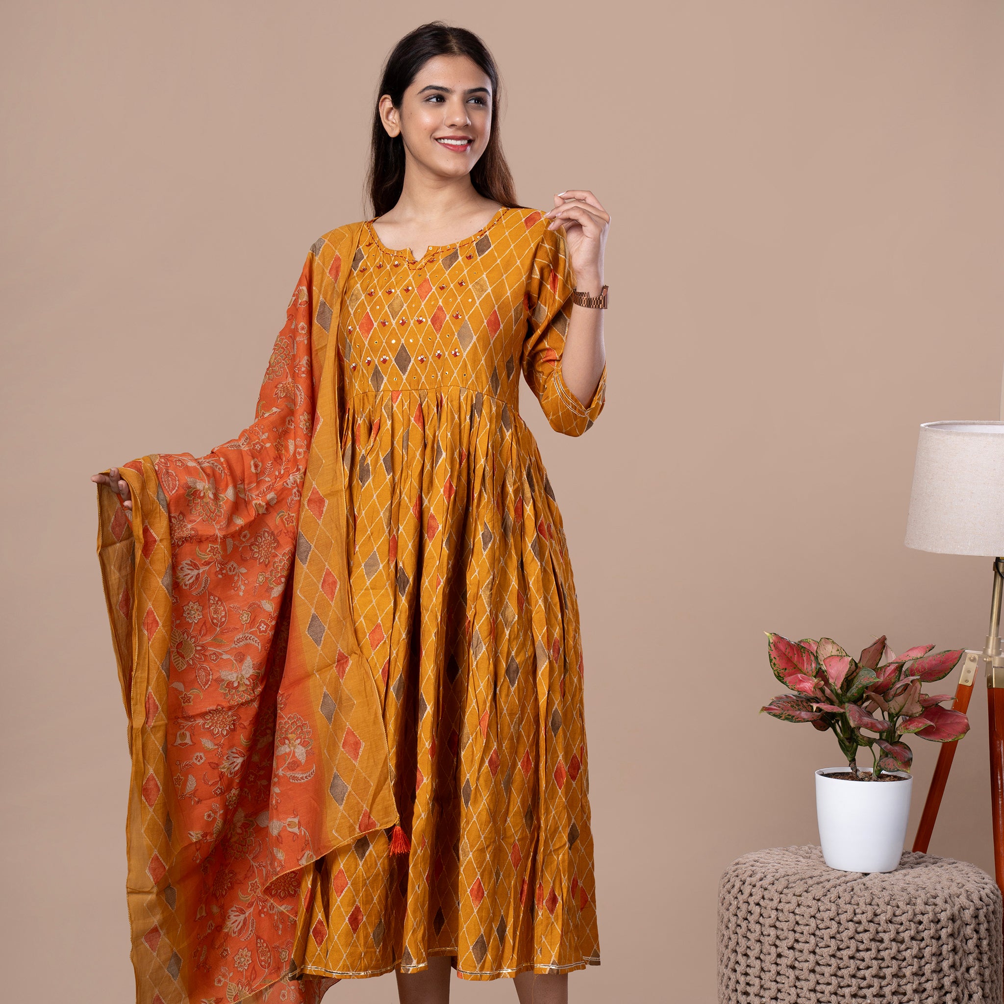 Chanderi Silk One Piece Dress With Dupatta