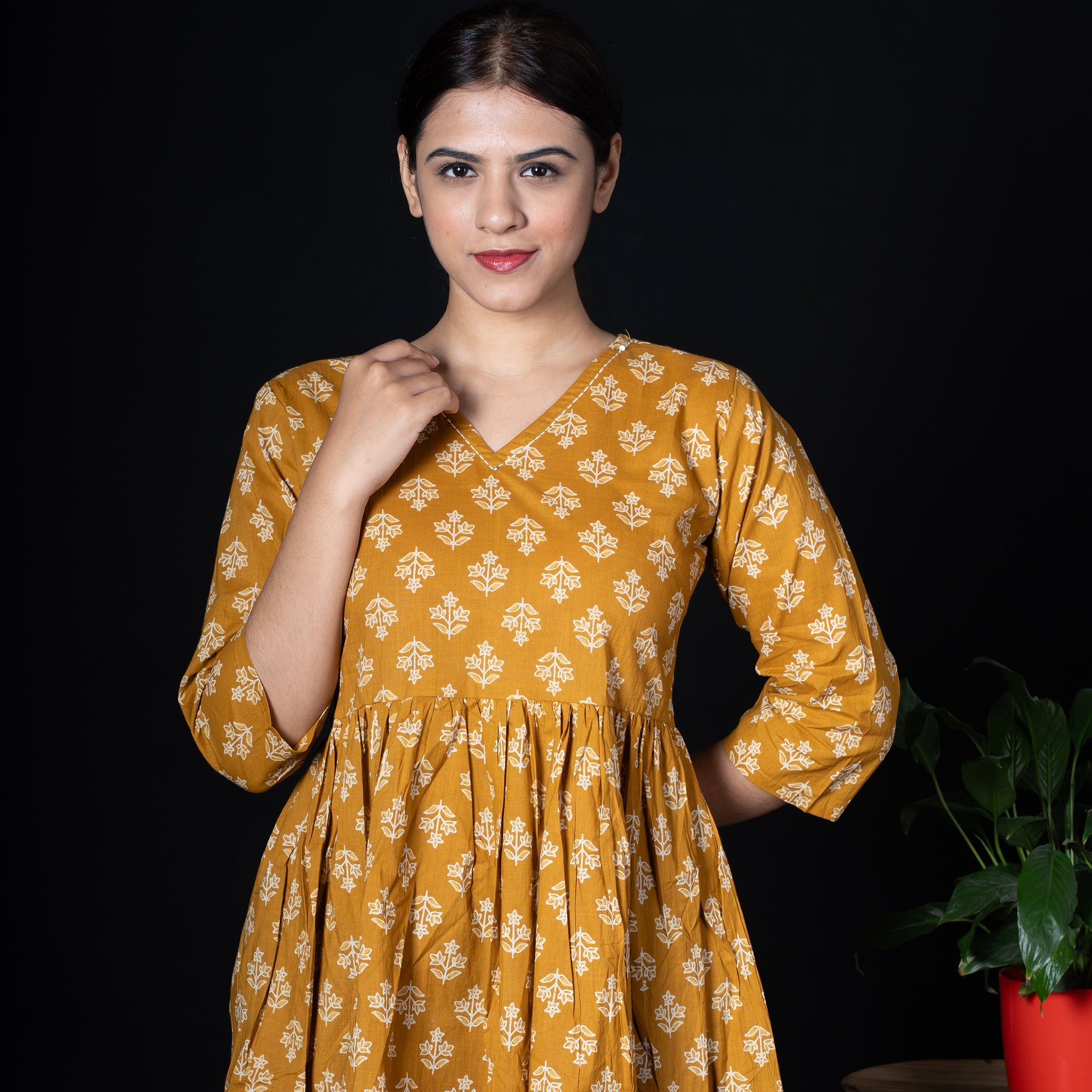 Cotton Peplum Top With V Neck - White & Blue