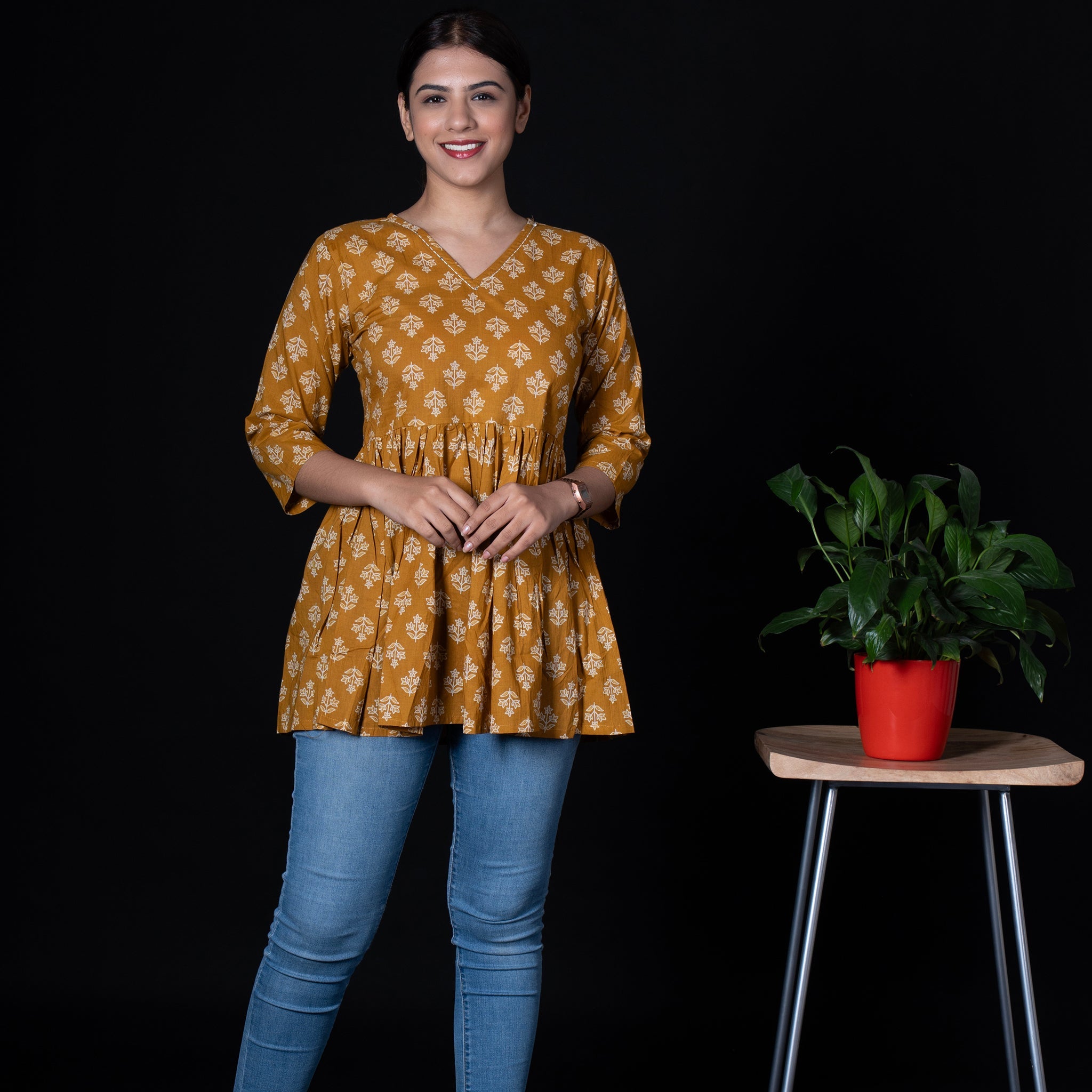 Cotton Peplum Top With V Neck - Orange