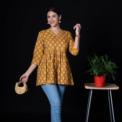Cotton Peplum Top With V Neck - Mustard