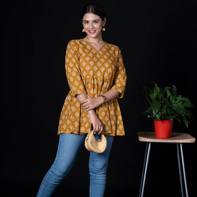 Cotton Peplum Top With V Neck - Mustard