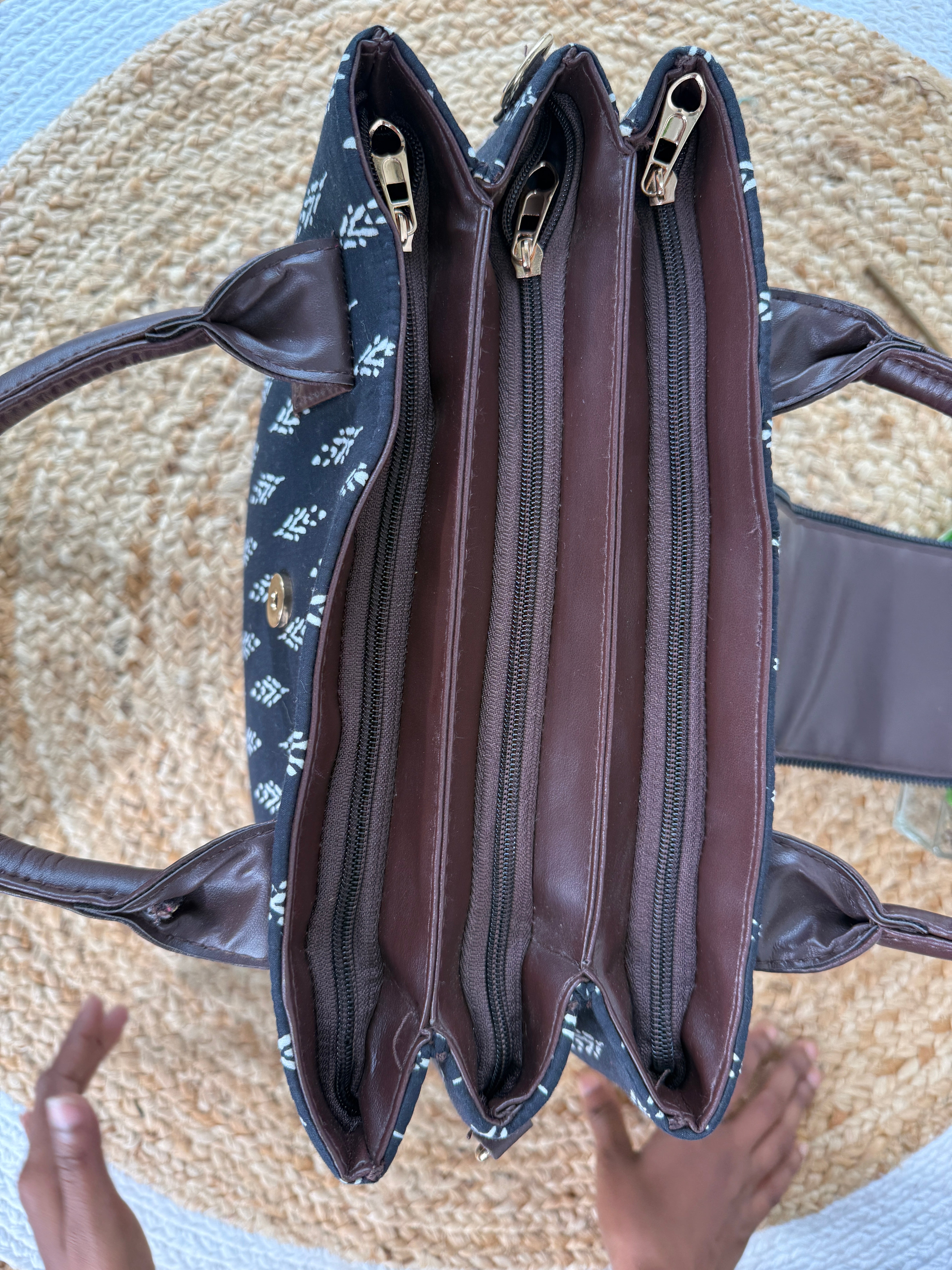 Digital Print Cotton Silk 3 Partition Handbag With Add On Pouch