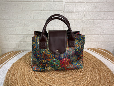 Digital Print Cotton Silk 3 Partition Handbag With Add On Pouch