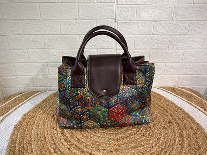 Digital Print Cotton Silk 3 Partition Handbag With Add On Pouch