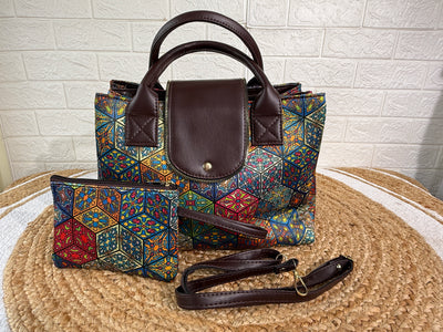 Digital Print Cotton Silk 3 Partition Handbag With Add On Pouch