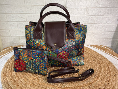 Digital Print Cotton Silk 3 Partition Handbag With Add On Pouch