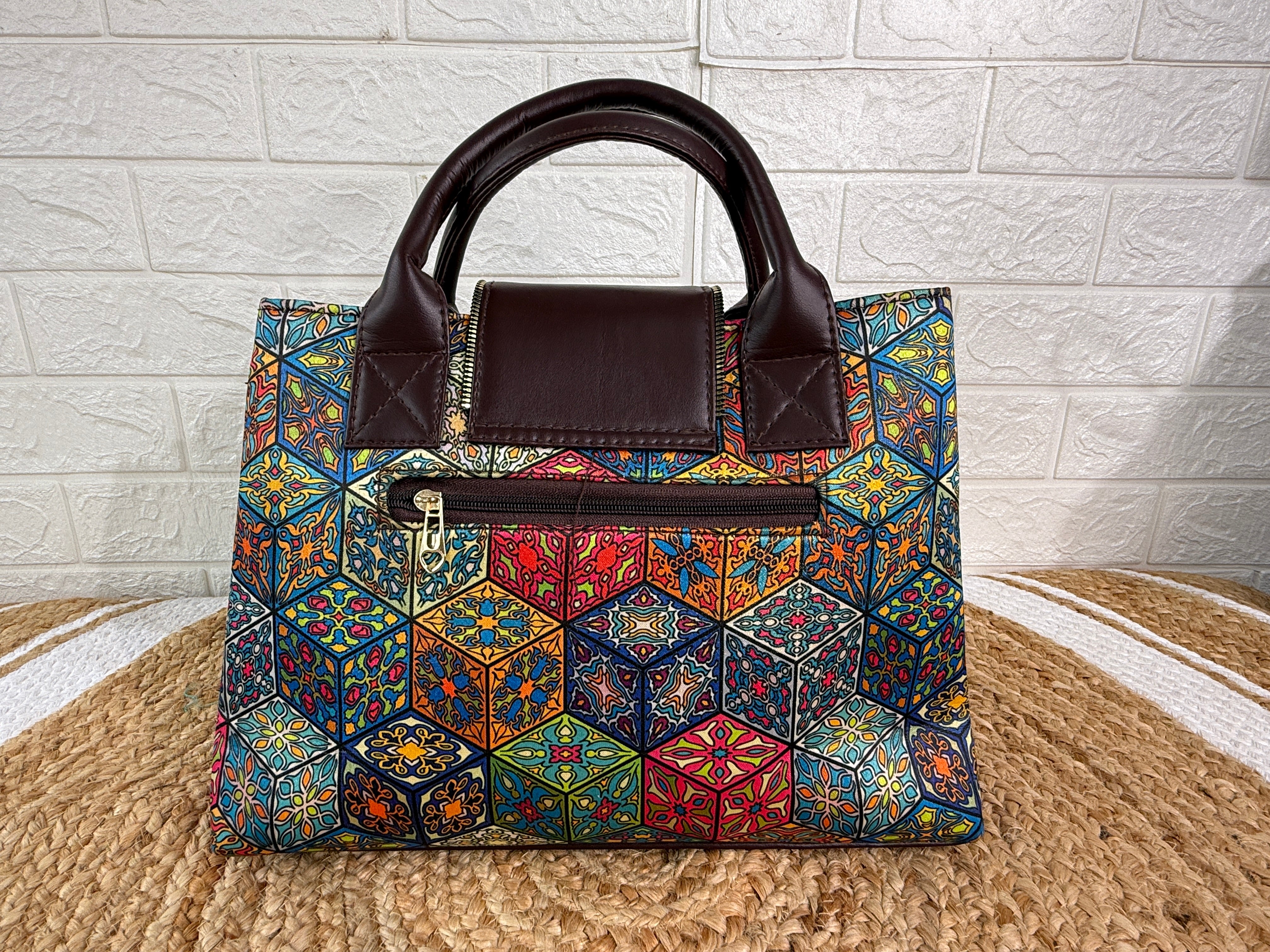 Digital Print Cotton Silk 3 Partition Handbag With Add On Pouch