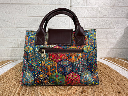 Digital Print Cotton Silk 3 Partition Handbag With Add On Pouch