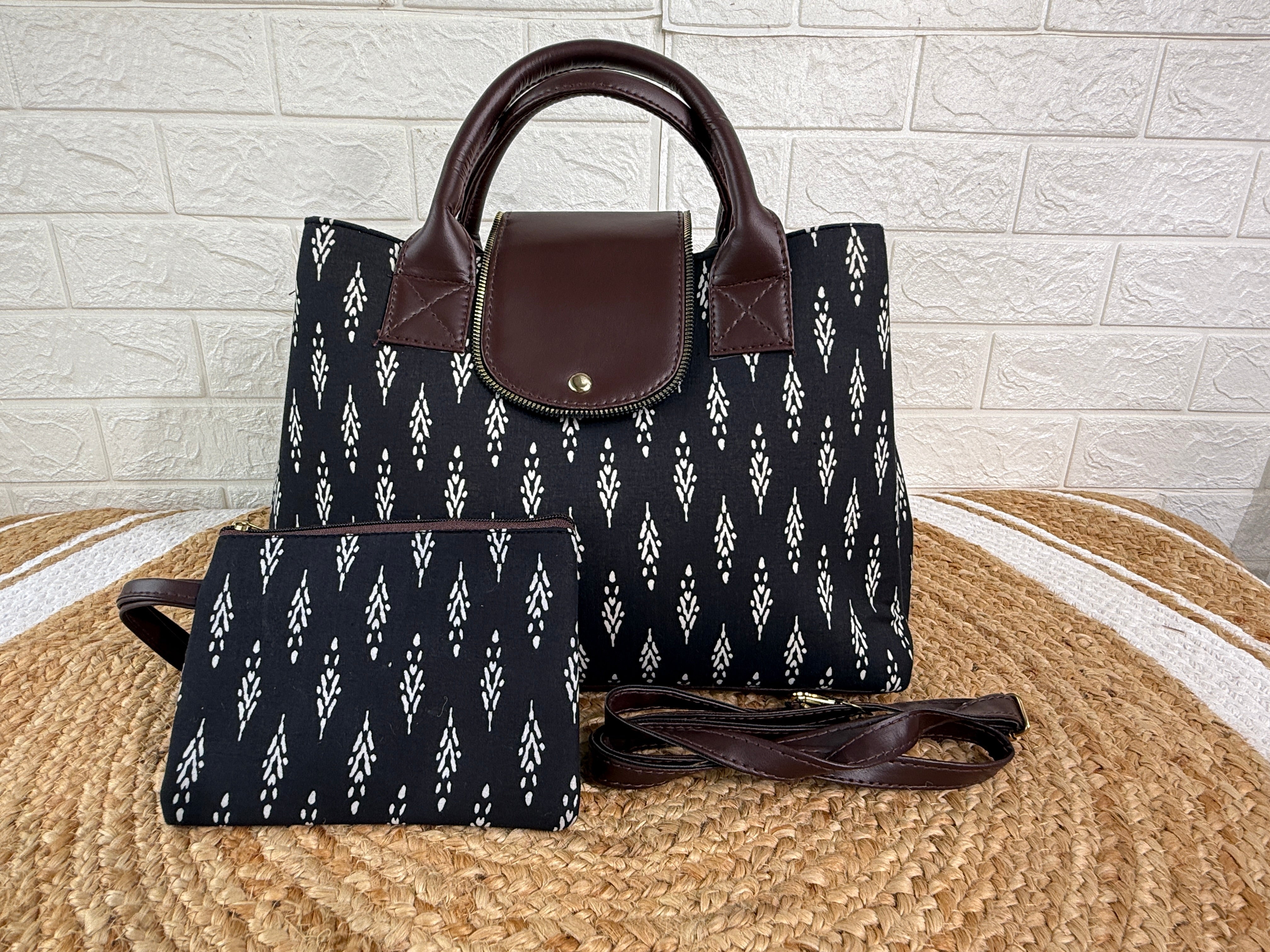 Digital Print Cotton Silk 3 Partition Handbag With Add On Pouch