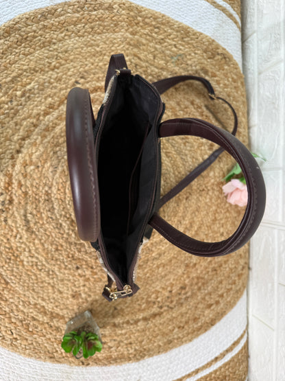 Solid Black Khadi And Jacquard Handbag