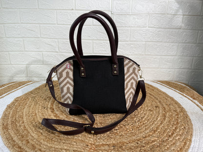 Solid Black Khadi And Jacquard Handbag