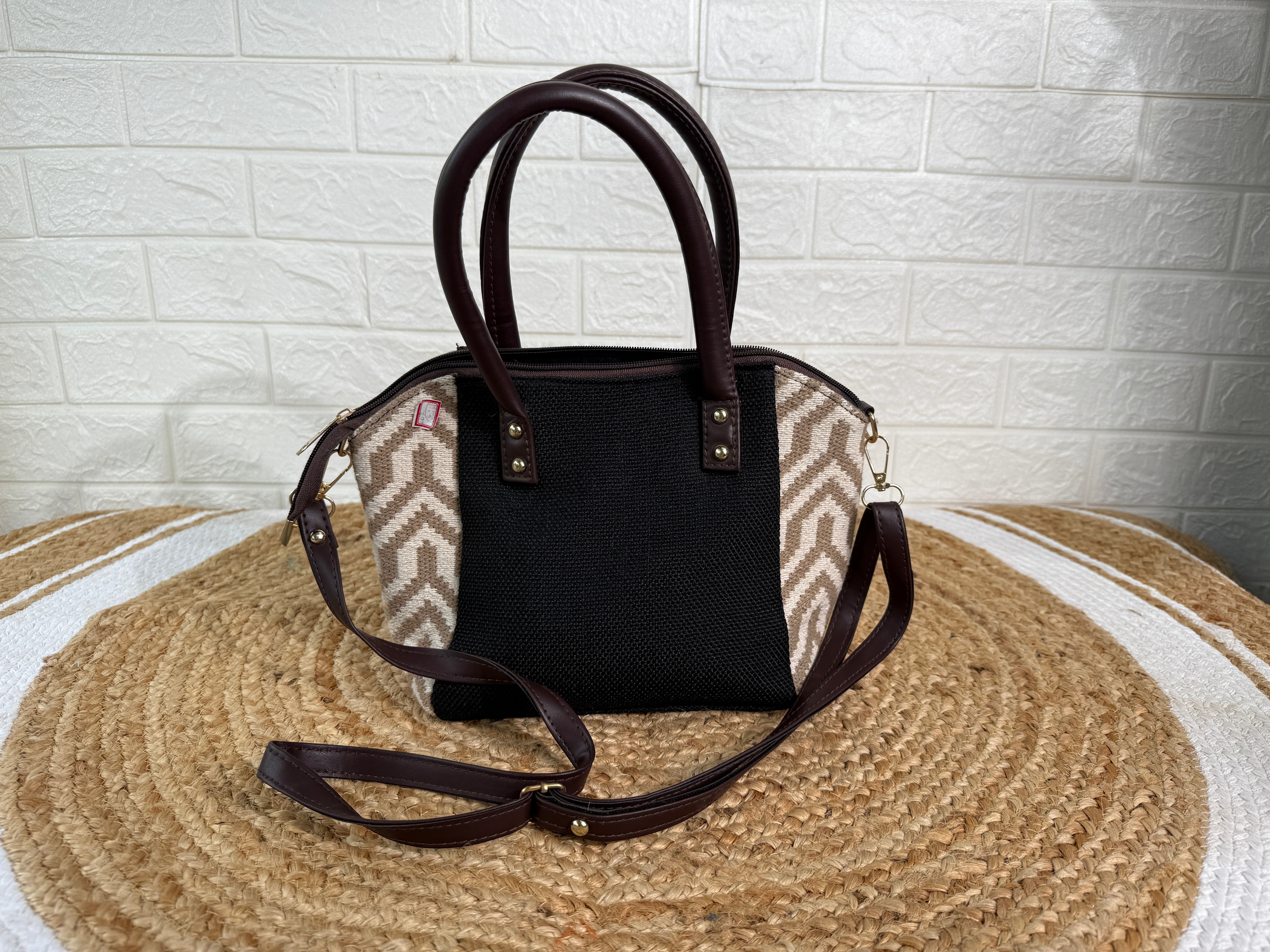 Solid Black Khadi And Jacquard Handbag