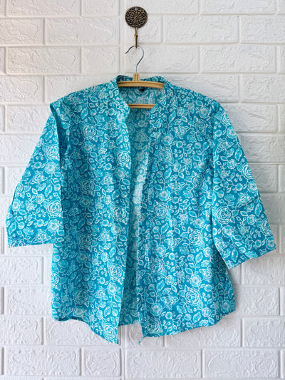 Cotton Printed Short Shrug - Greenish Blue