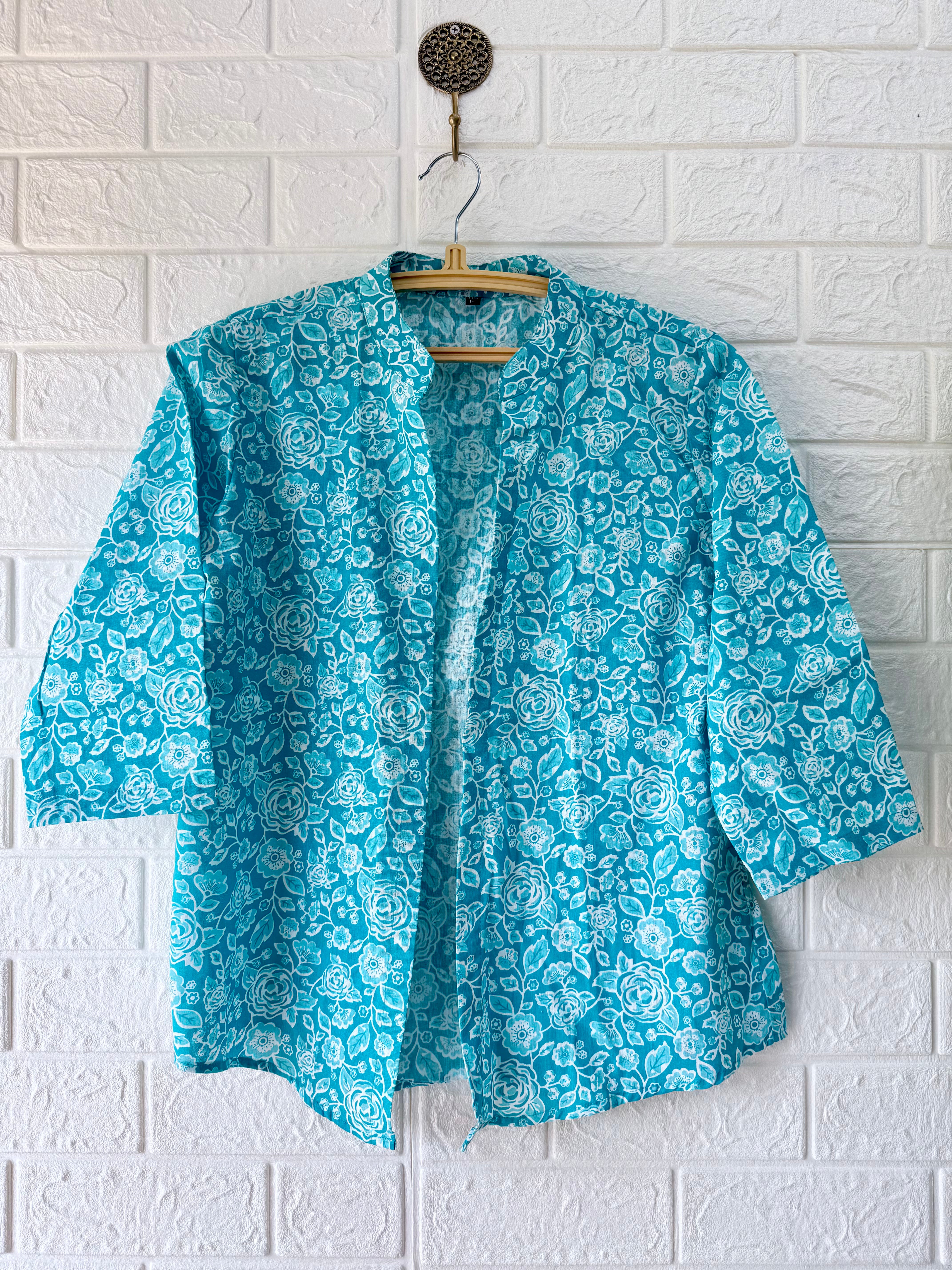 Cotton Printed Short Shrug - Greenish Blue