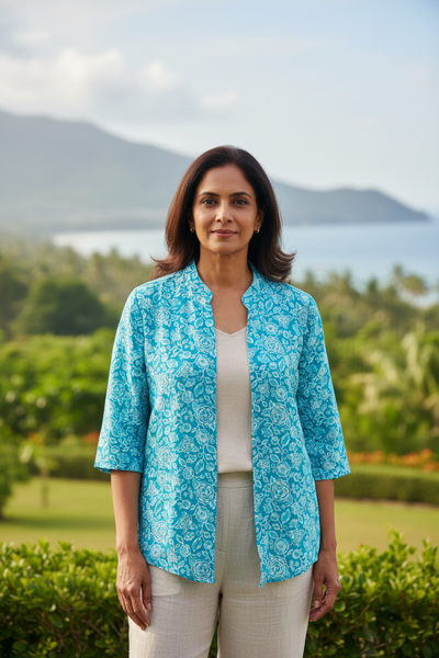 Cotton Printed Short Shrug - Greenish Blue