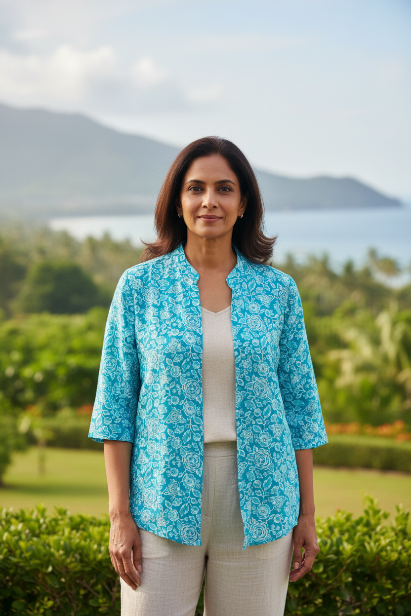 Cotton Printed Short Shrug - Greenish Blue