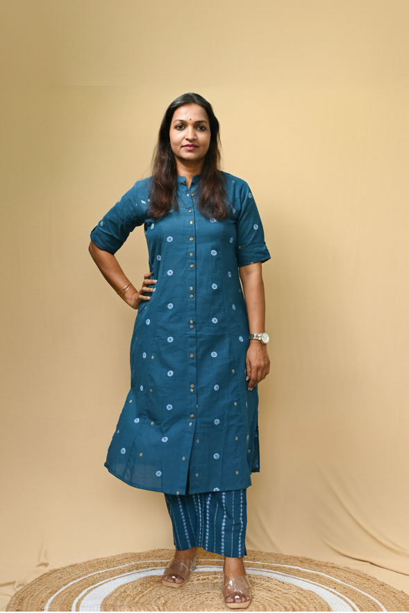 Blue Office Wear Handloom Cotton Kurta Pant Set