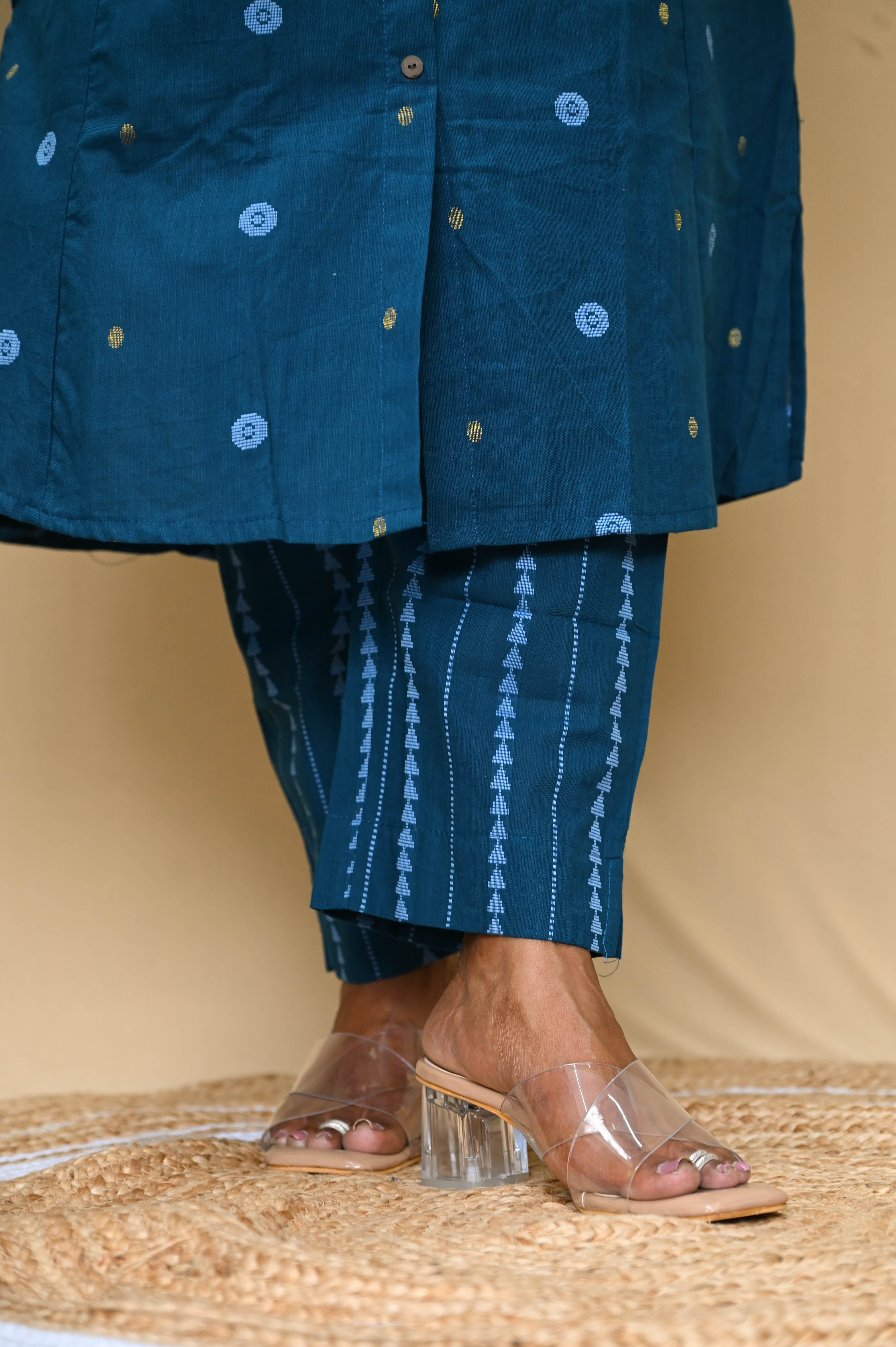 Blue Office Wear Handloom Cotton Kurta Pant Set