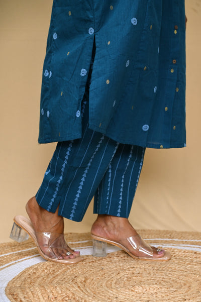 Blue Office Wear Handloom Cotton Kurta Pant Set