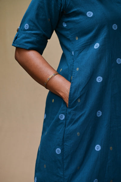 Blue Office Wear Handloom Cotton Kurta Pant Set