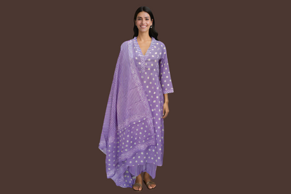 Polka Dot V Neck Cotton Kurta Pant Dupatta Set