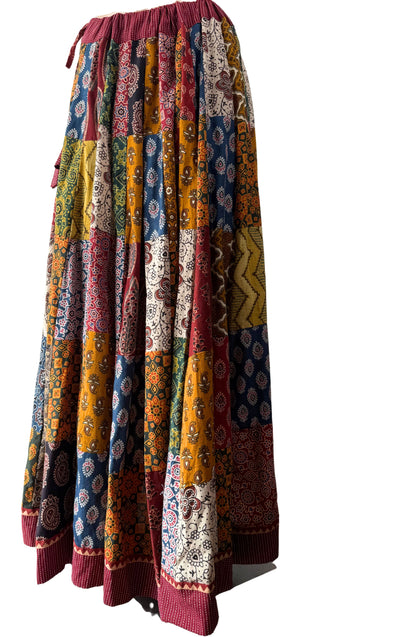 MultiColor Ajrakh Patchwork Organic Cotton Skirt With Kali
