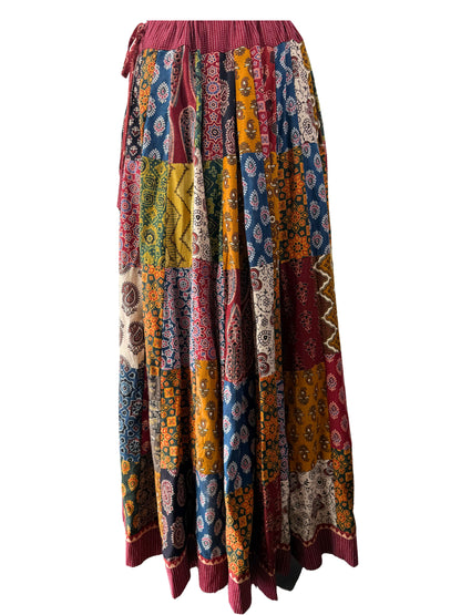 MultiColor Ajrakh Patchwork Organic Cotton Skirt With Kali