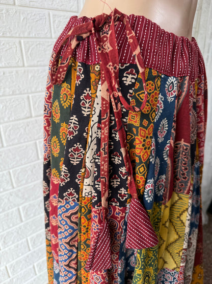 MultiColor Ajrakh Patchwork Organic Cotton Skirt With Kali