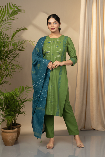 Block Print Kurta Pant Dupatta Set - Editorial