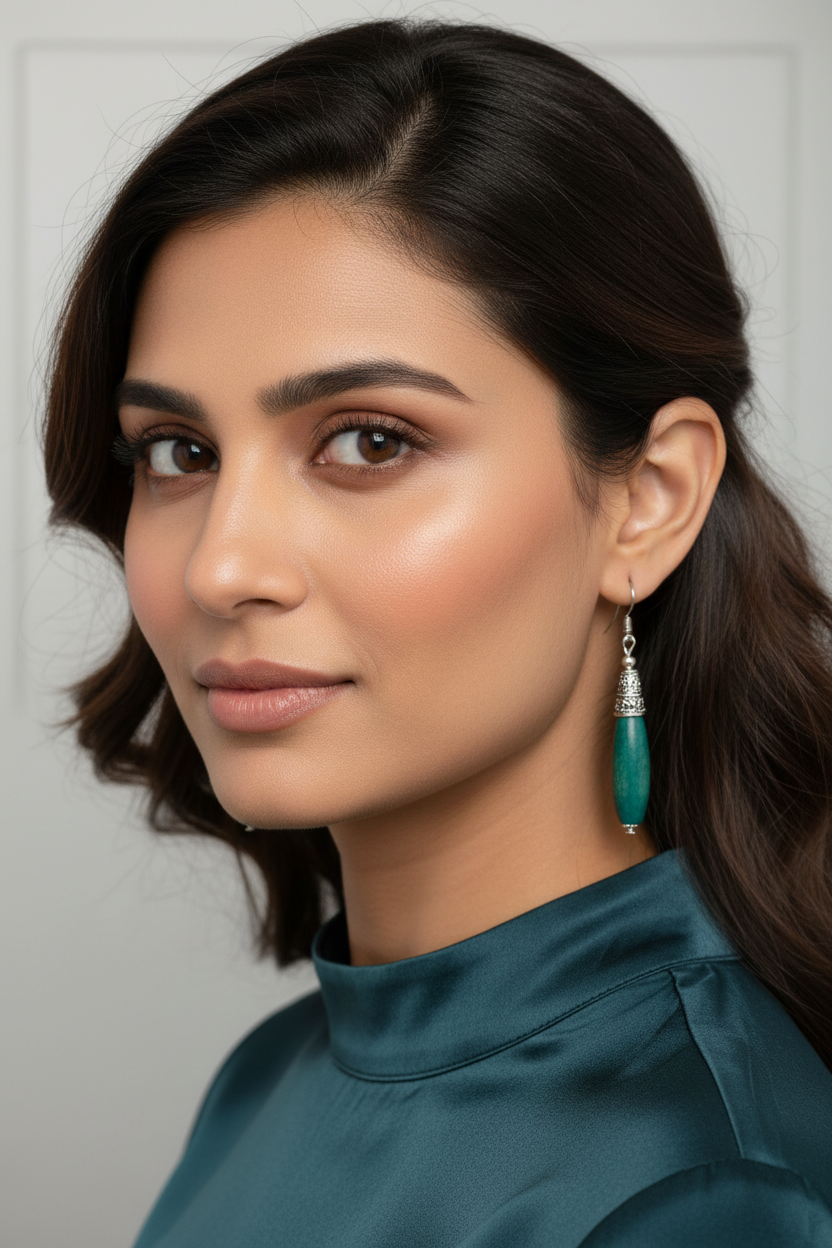 Bohemian Wood And Oxidised Silver Hook Earring - Teal
