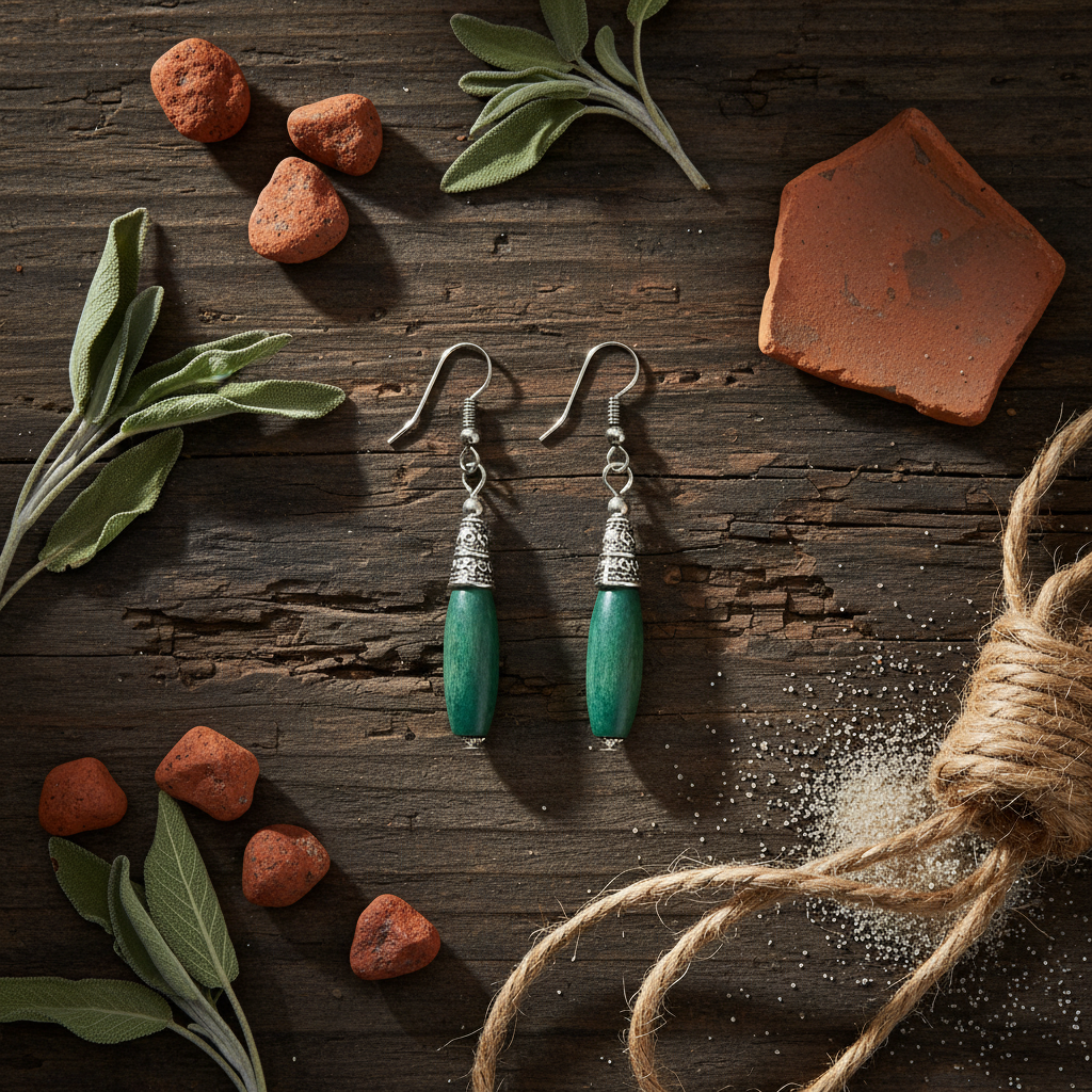 Bohemian Wood And Oxidised Silver Hook Earring - Teal