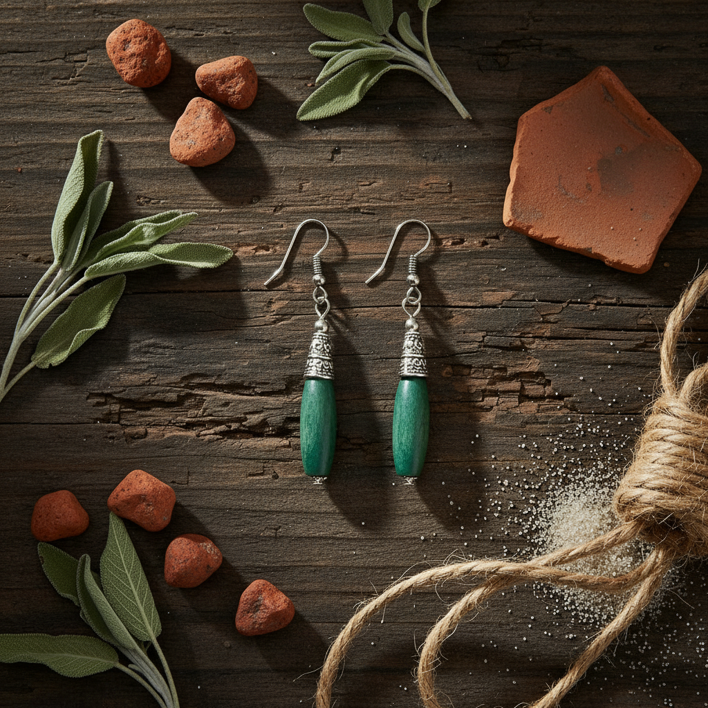 Bohemian Wood And Oxidised Silver Hook Earring - Green