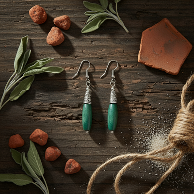 Bohemian Wood And Oxidised Silver Hook Earring - Green