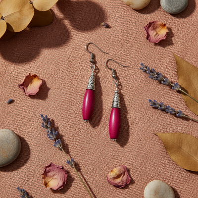 Bohemian Wood And Oxidised Silver Hook Earring - Magenta