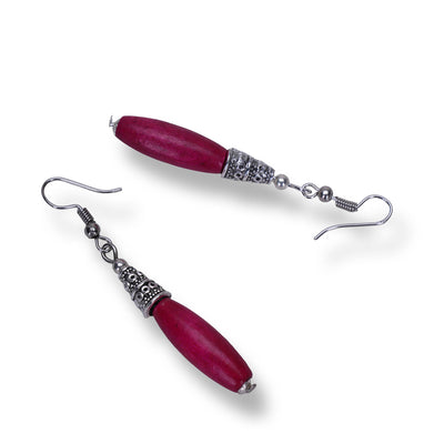 Bohemian Wood And Oxidised Silver Hook Earring - Magenta