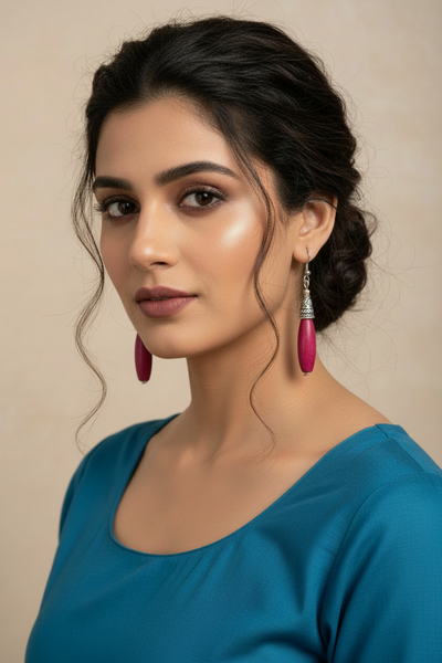 Bohemian Wood And Oxidised Silver Hook Earring - Magenta
