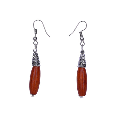 Bohemian Wood And Oxidised Silver Hook Earring - Rust