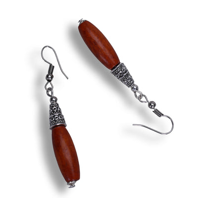 Bohemian Wood And Oxidised Silver Hook Earring - Rust