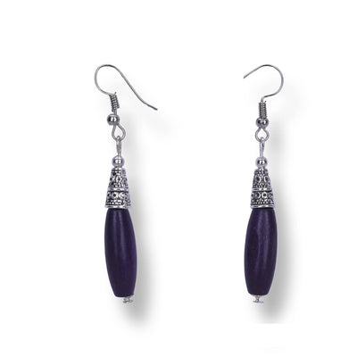 Bohemian Wood And Oxidised Silver Hook Earring - Violet
