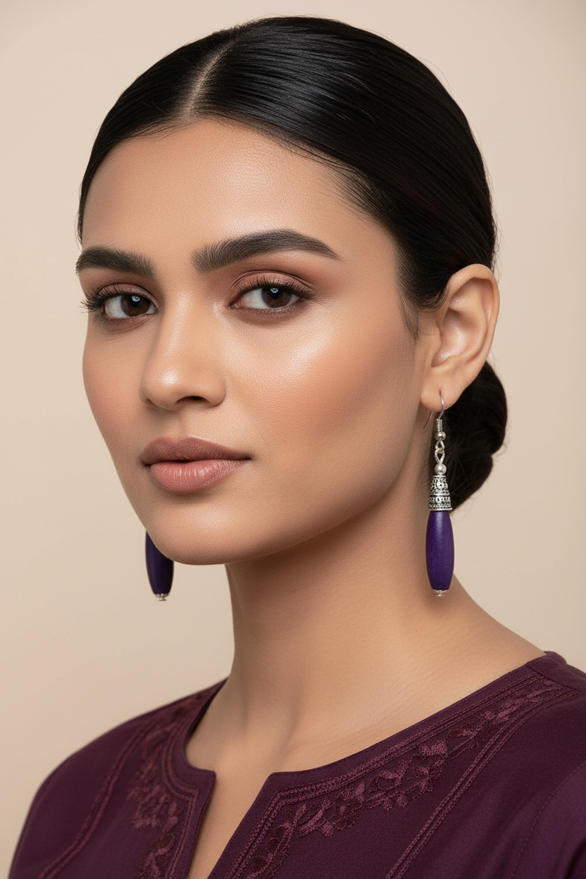 Bohemian Wood And Oxidised Silver Hook Earring - Violet