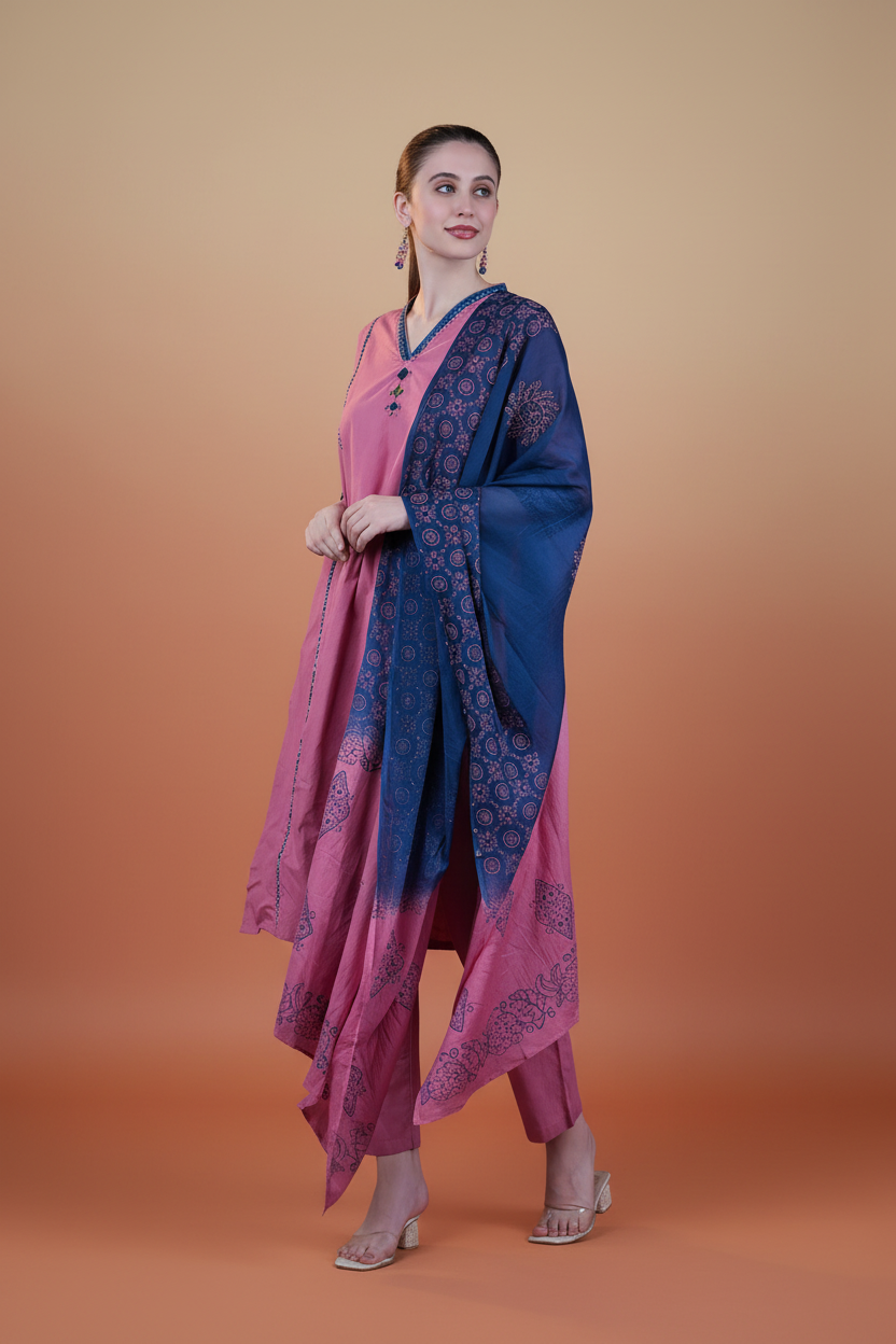 Hand-Block Kurta Pant Dupatta Set - Editorial