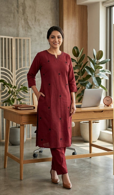 Solid Cotton Office Wear Kurta Pant Set With Hand Mirror Work And Embroidery-Maroon